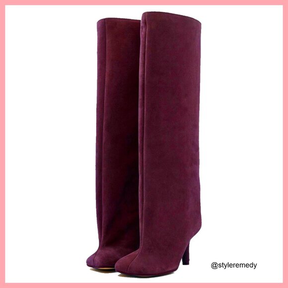 Faux Suede Knee High Boots with Stiletto Heel Square Toe Pull On